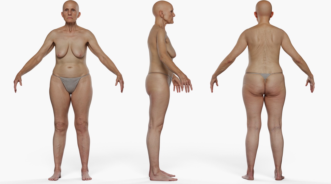 Full body 3D scan of an older female with mature skin and fine wrinkles, retopologised quad mesh with PBR textures